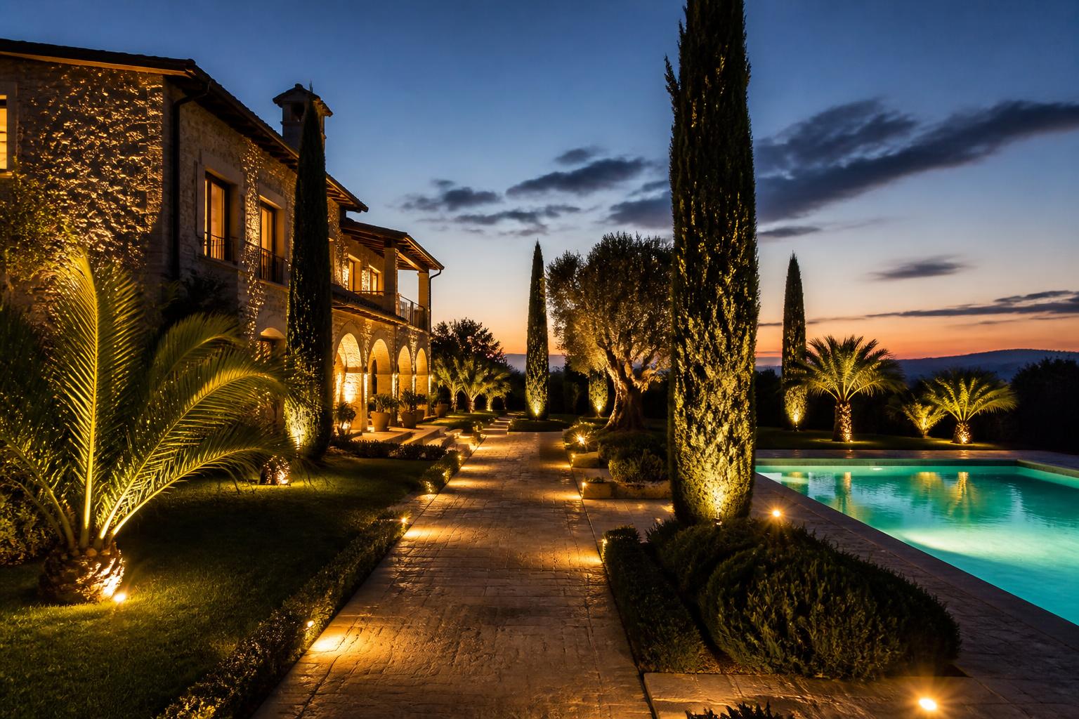 Villa con giardino illuminato al tramonto: paletti LED lungo il vialetto, uplight su cipressi e palme, wash light sulla facciata in pietra e faretti a bordo piscina — illuminazione giardino AvmLed Pescara Francavilla al Mare