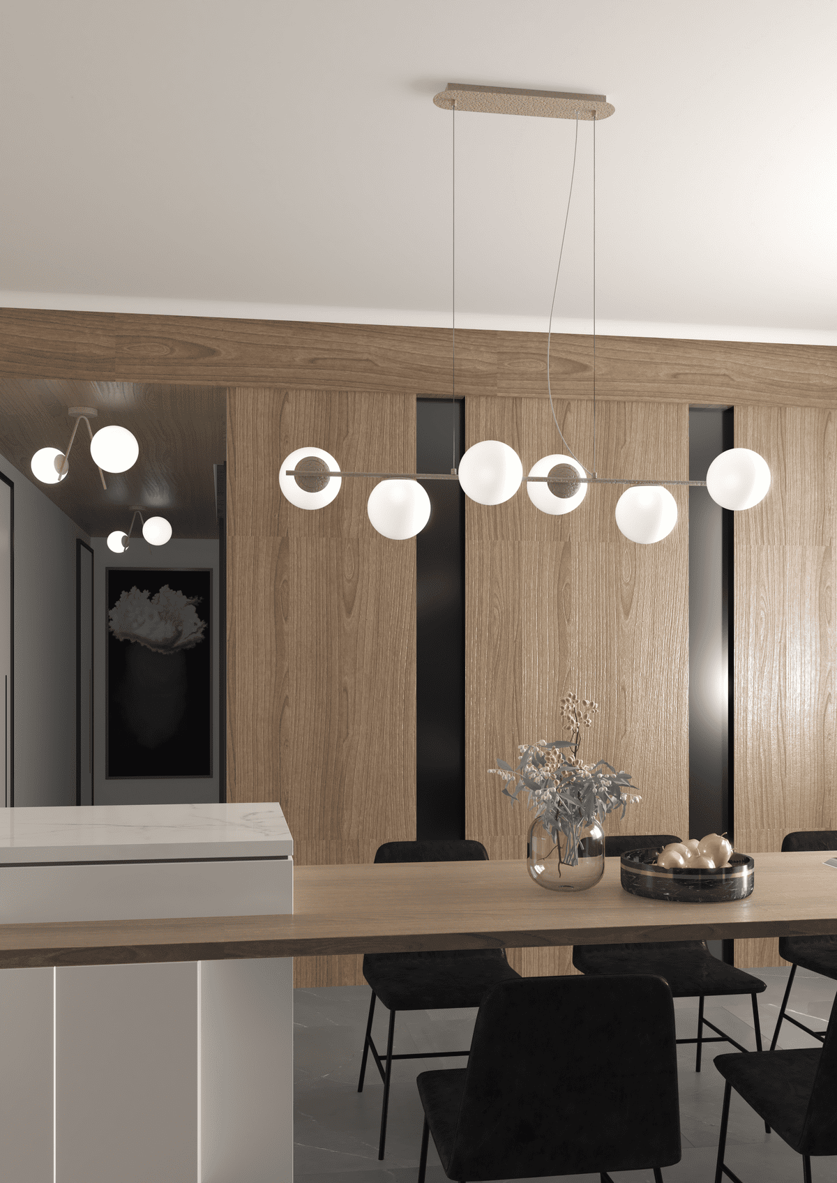 Sospensione Boomerang Toplight 6 luci ambientata in sala da pranzo moderna — showroom lampadari AvmLed Pescara Francavilla al Mare