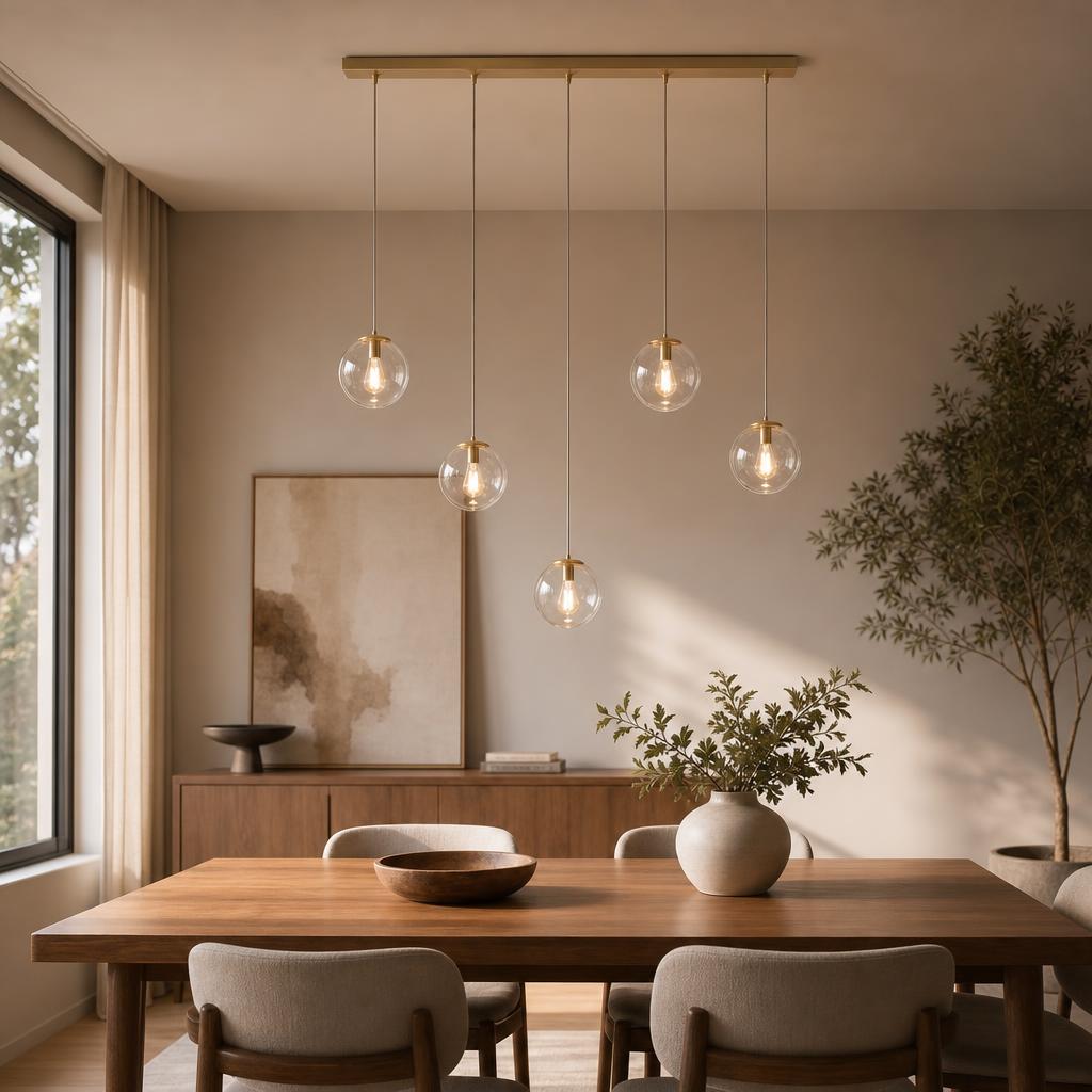 Sospensione a 5 sfere in vetro con barra ottone — ambiente sala da pranzo, showroom lampadari AvmLed Pescara Francavilla al Mare