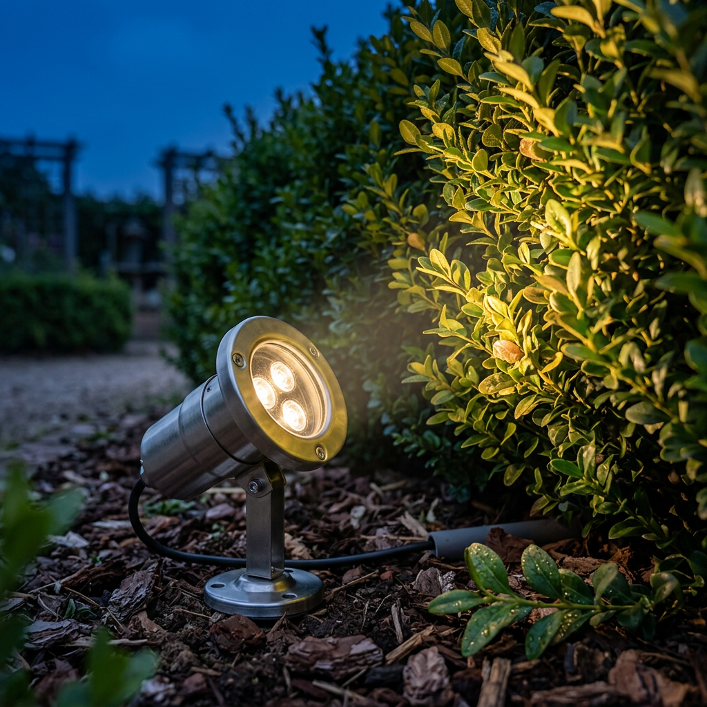 Faretto LED da incasso a terra Aqua Spotlight LEDS-C4 IP67 installato in aiuola — illuminazione giardino AvmLed Pescara