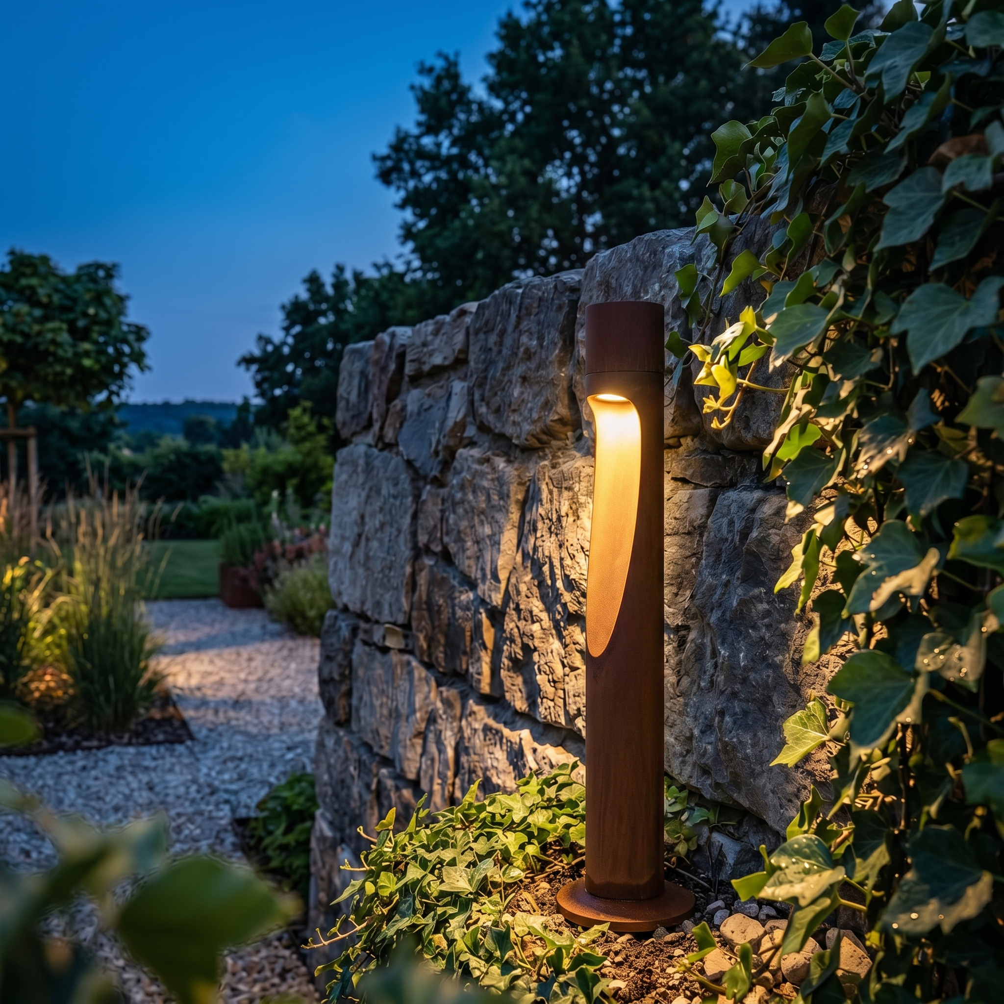 Balizza Aran Mantra sobremuros in corten LED 6W 3000K su muretto in pietra — AvmLed Pescara