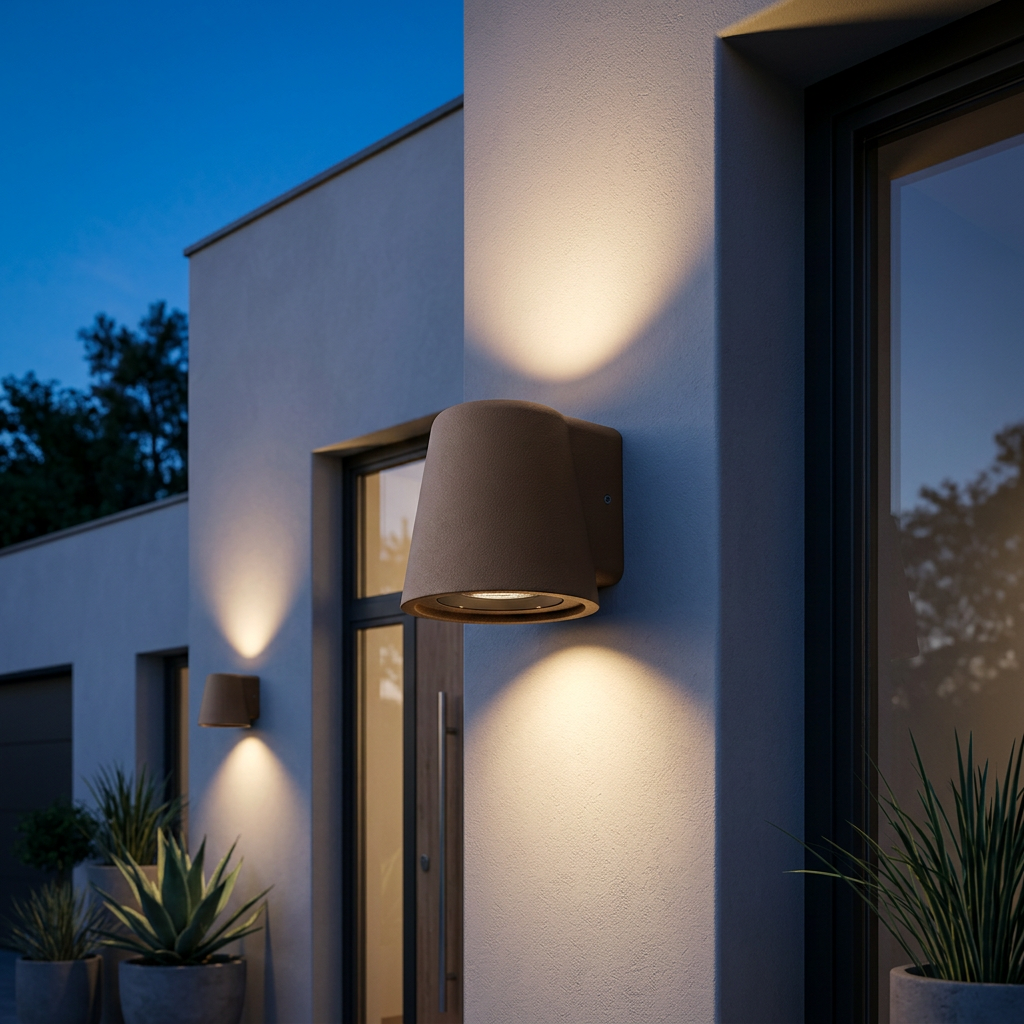 Applique da esterno Aren LEDS-C4 IP65 su facciata di villa moderna con effetto up&down — AvmLed Pescara