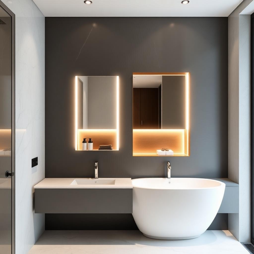 Bagno di design con specchi retroilluminati LED e taglio di luce a parete su misura — AvmLed Pescara Francavilla