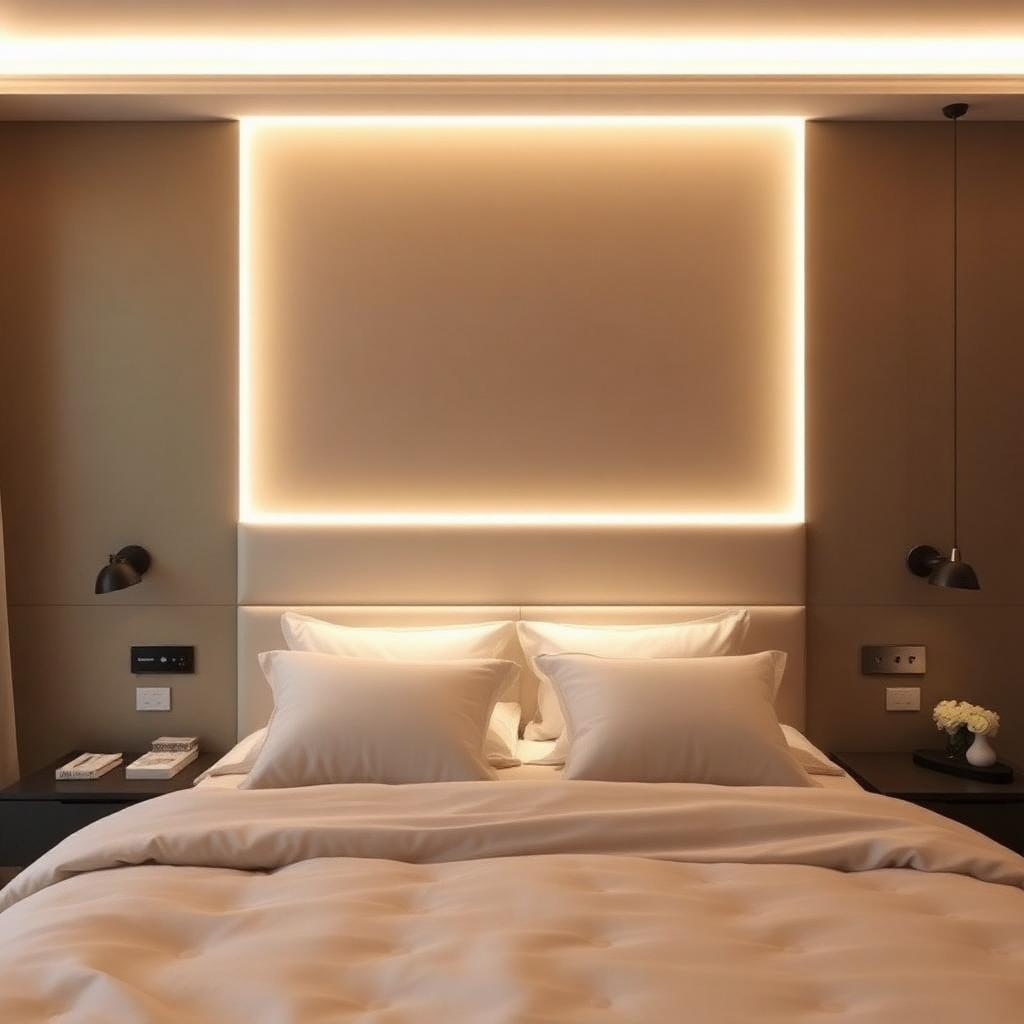 Camera da letto con testata retroilluminata da striscia LED a luce indiretta — realizzazione AvmLed Pescara