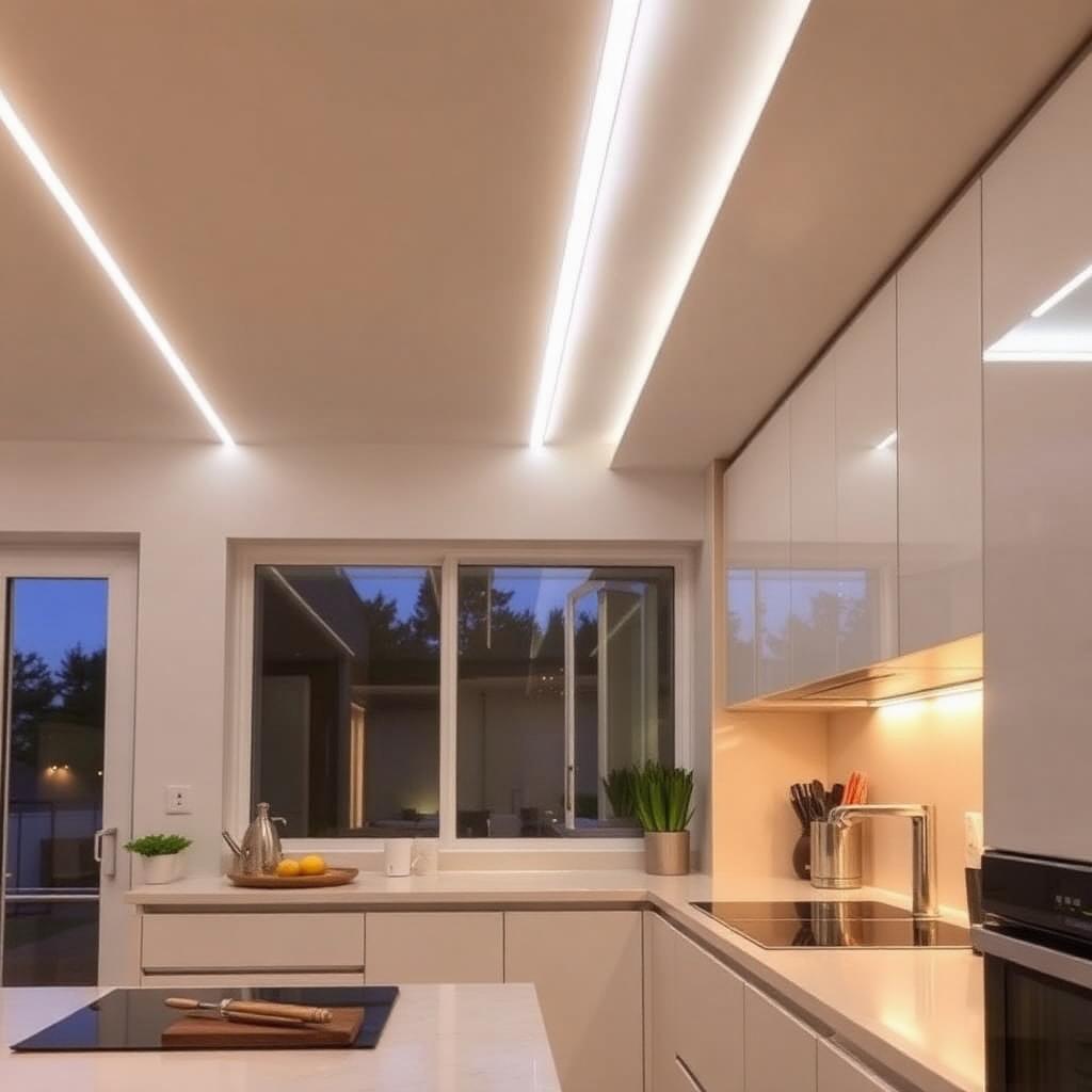 Cucina moderna con strisce LED sottopensile e tagli di luce a soffitto in cartongesso — AvmLed Pescara