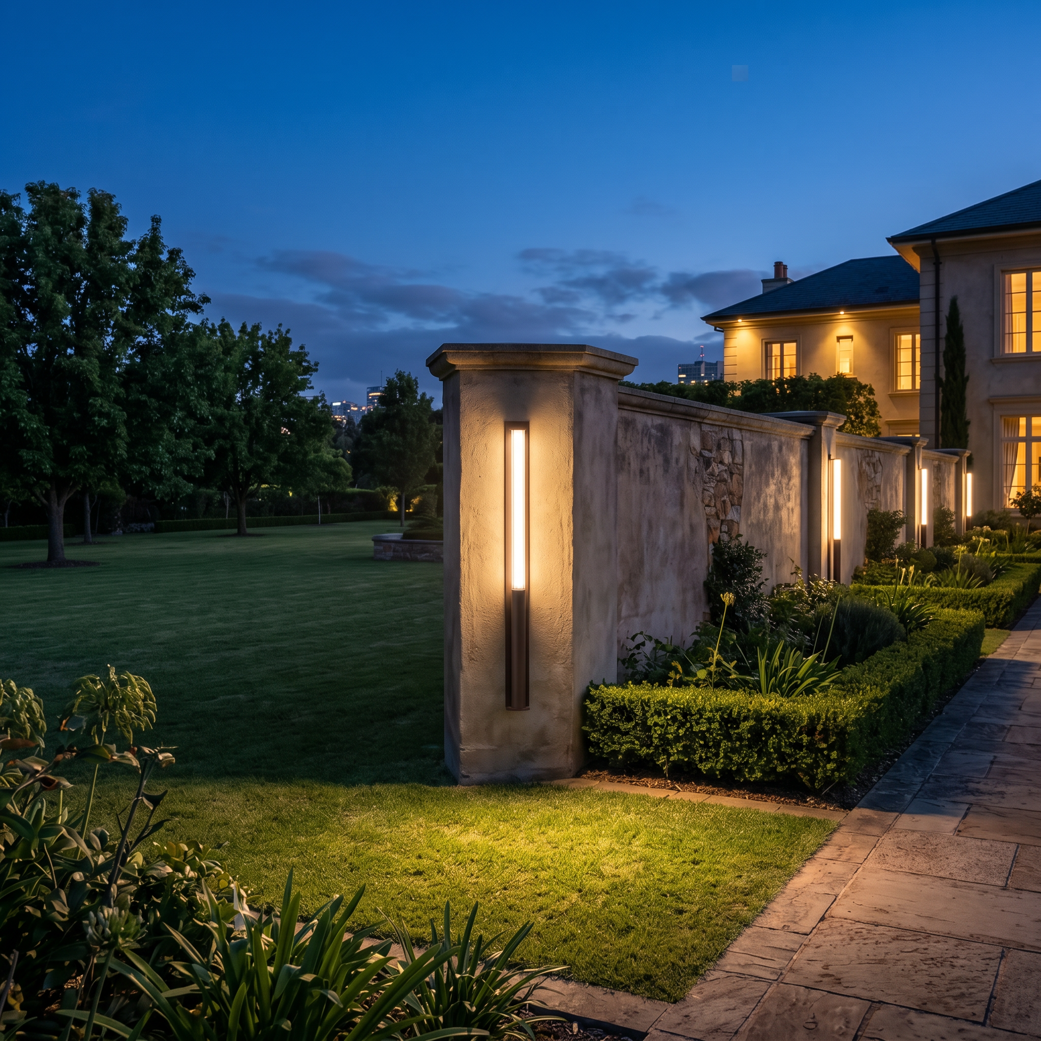 Balizza Gant Mantra sobremuros in corten LED 43W 3000K su muro perimetrale di villa — AvmLed Pescara