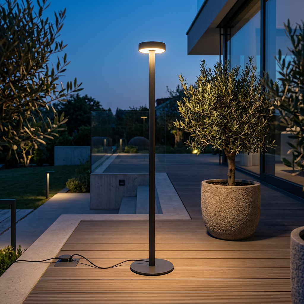 Lampada da terra da giardino Orbit LEDS-C4 su terrazza in legno di villa moderna — AvmLed Pescara