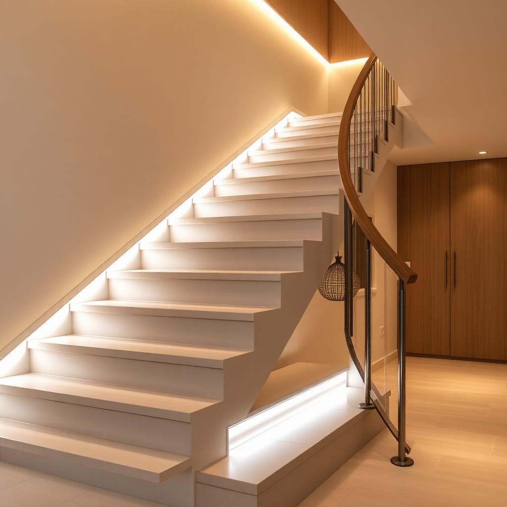 Scala interna illuminata con LED integrati nei gradini e nel corrimano — installazione AvmLed Pescara