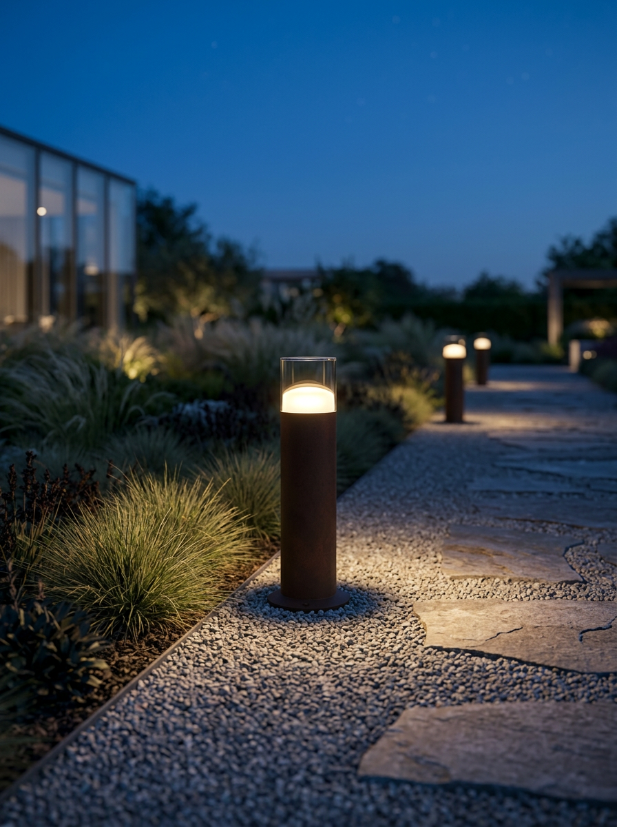 Paletto LED Tura Beneito Faure 12W corten lungo vialetto in ghiaia al crepuscolo — AvmLed Pescara Francavilla al Mare